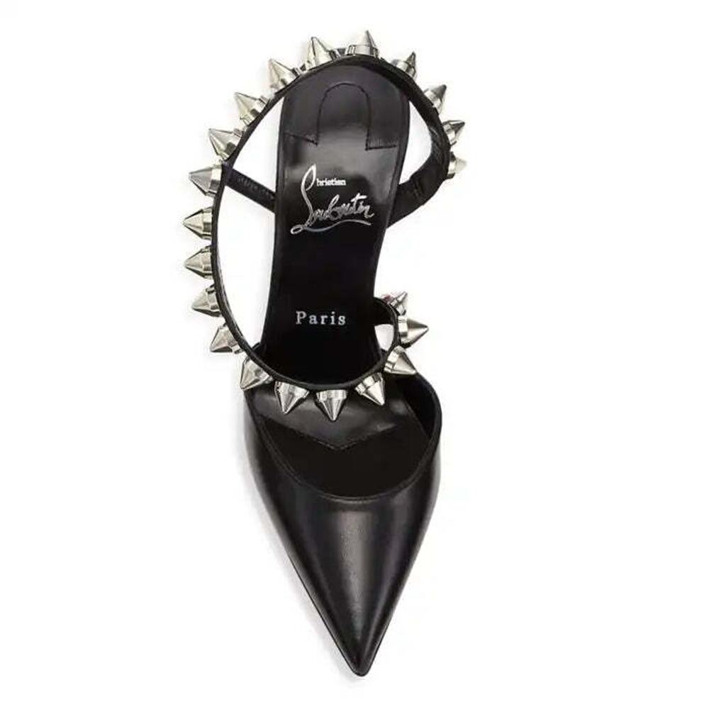 Christian Louboutin Spikita Pump 100 Black Silver Spike Strappy Sandal Heel 39 - Picture 6 of 12